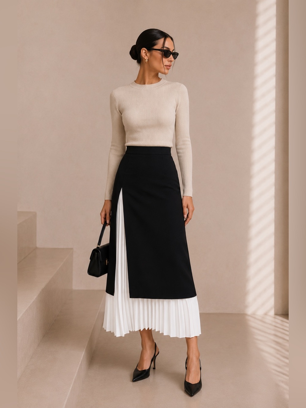 Commense Black Midi Skirt with White Pleated Inset
